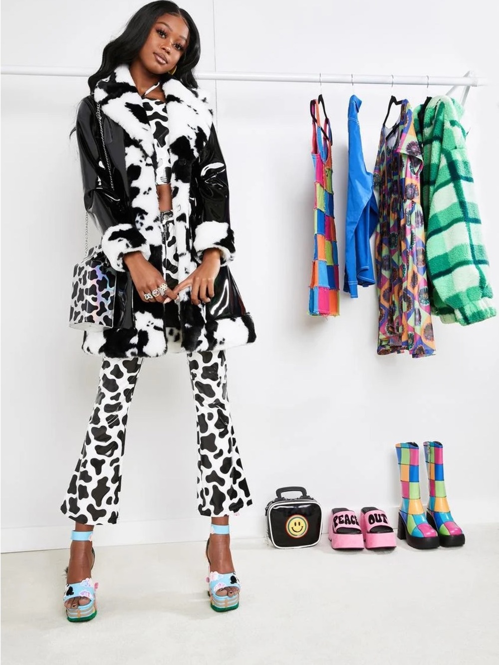 DALIA’S Cow Print Faux Fur Trim Vinyl Coat